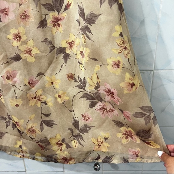 Vintage August Silk 10 Beige Floral A-Line Lined Boho Cottagecore Midi Skirt - Picture 4 of 9